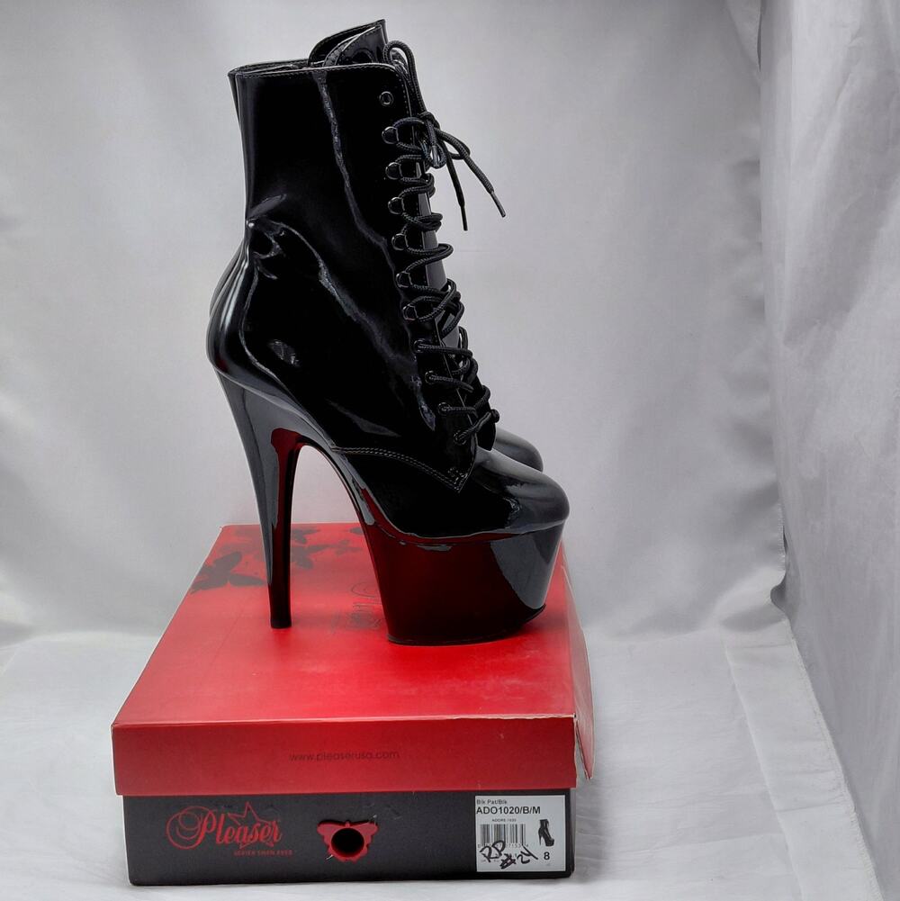 Pleaser Womens Platform Ankle Boots Size 8 Black Patent Lace Up Stiletto Heels